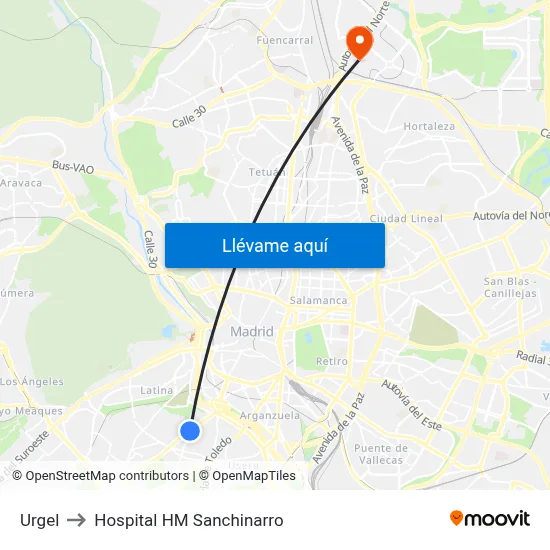 Urgel to Hospital HM Sanchinarro map
