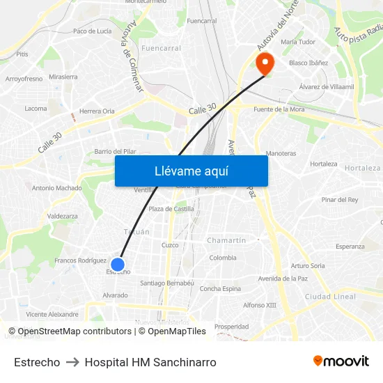 Estrecho to Hospital HM Sanchinarro map