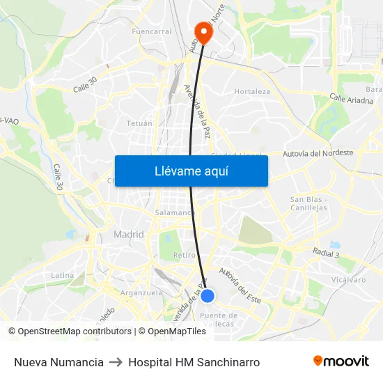 Nueva Numancia to Hospital HM Sanchinarro map