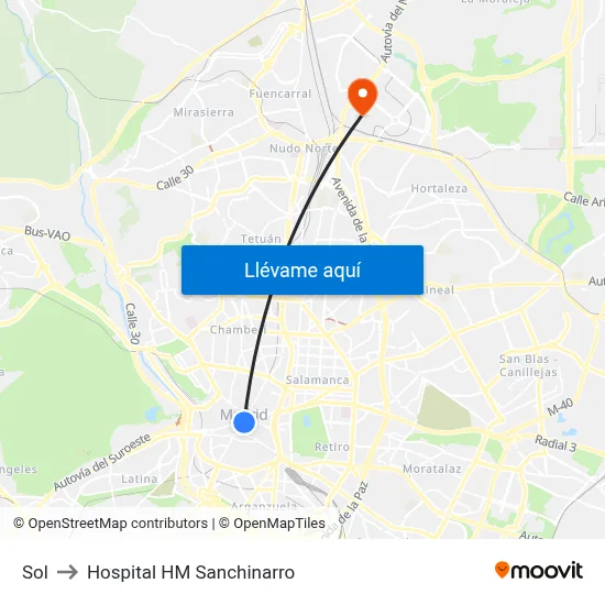 Sol to Hospital HM Sanchinarro map