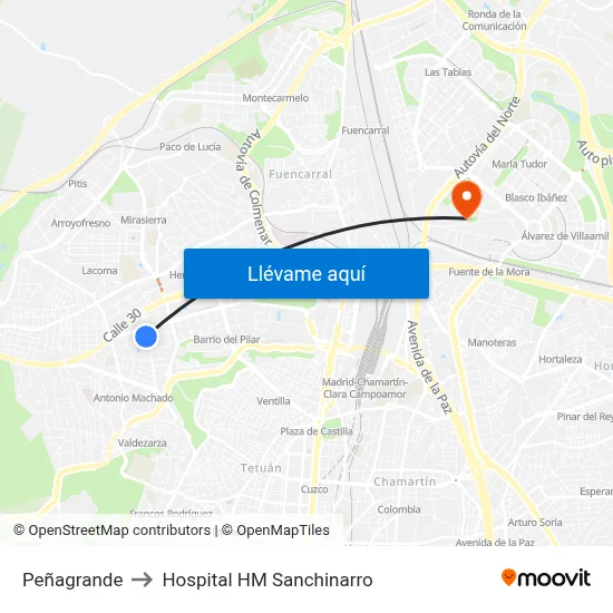 Peñagrande to Hospital HM Sanchinarro map