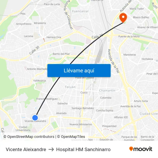 Vicente Aleixandre to Hospital HM Sanchinarro map