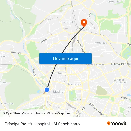 Príncipe Pío to Hospital HM Sanchinarro map