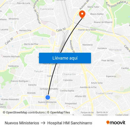 Nuevos Ministerios to Hospital HM Sanchinarro map