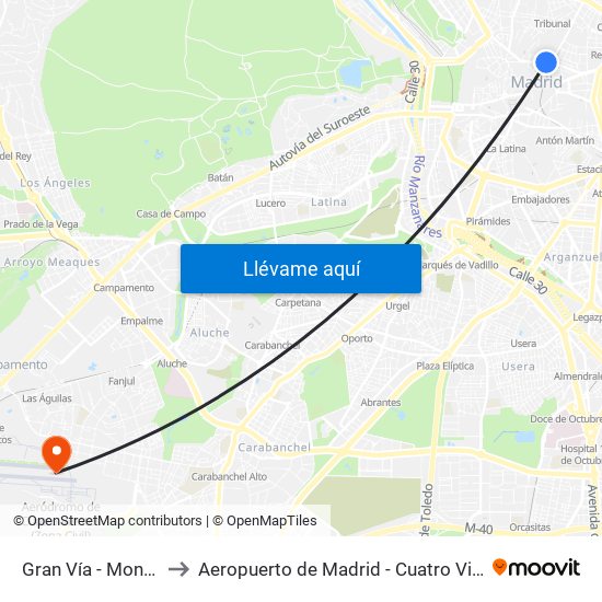Gran Vía - Montera to Aeropuerto de Madrid - Cuatro Vientos map