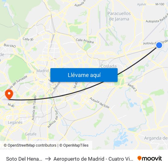 Soto Del Henares to Aeropuerto de Madrid - Cuatro Vientos map