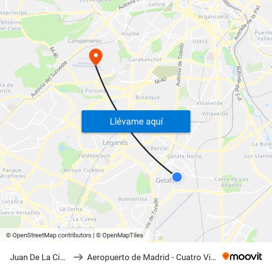 Juan De La Cierva to Aeropuerto de Madrid - Cuatro Vientos map