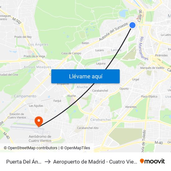 Puerta Del Ángel to Aeropuerto de Madrid - Cuatro Vientos map