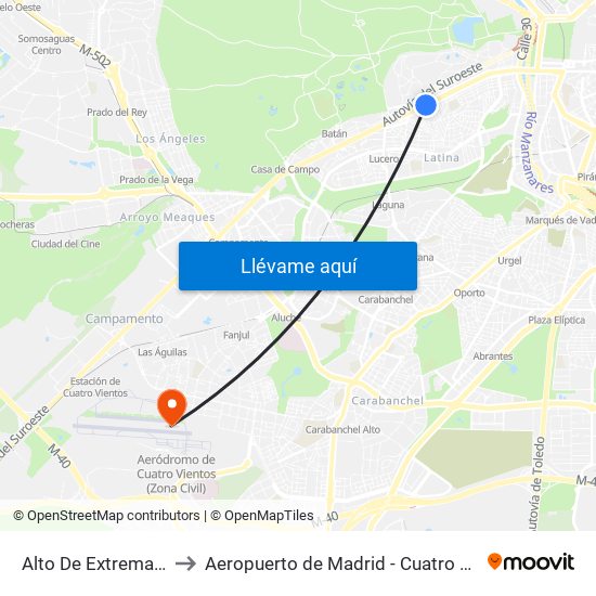 Alto De Extremadura to Aeropuerto de Madrid - Cuatro Vientos map
