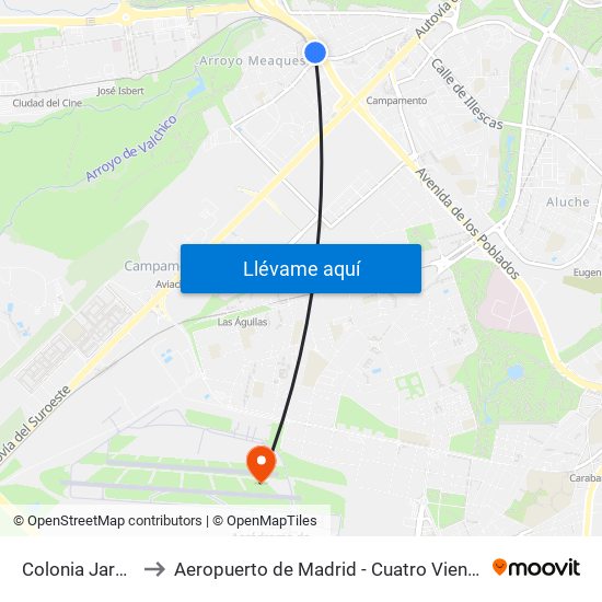 Colonia Jardín to Aeropuerto de Madrid - Cuatro Vientos map