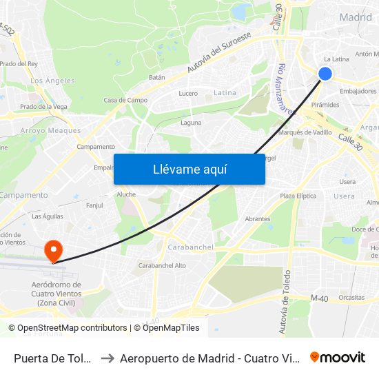 Puerta De Toledo to Aeropuerto de Madrid - Cuatro Vientos map