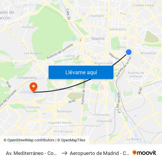 Av. Mediterráneo - Conde De Casal to Aeropuerto de Madrid - Cuatro Vientos map