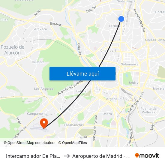 Intercambiador De Plaza De Castilla to Aeropuerto de Madrid - Cuatro Vientos map
