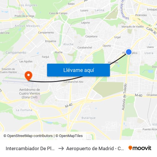 Intercambiador De Plaza Elíptica to Aeropuerto de Madrid - Cuatro Vientos map