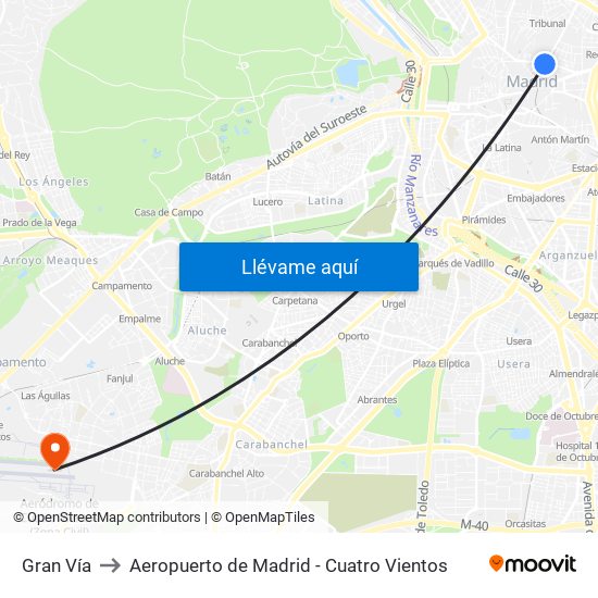 Gran Vía to Aeropuerto de Madrid - Cuatro Vientos map