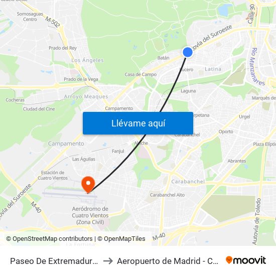Paseo De Extremadura - El Greco to Aeropuerto de Madrid - Cuatro Vientos map