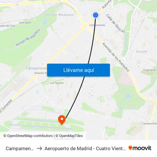 Campamento to Aeropuerto de Madrid - Cuatro Vientos map