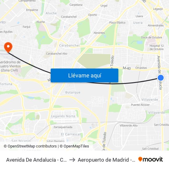 Avenida De Andalucía - Centro Comercial to Aeropuerto de Madrid - Cuatro Vientos map
