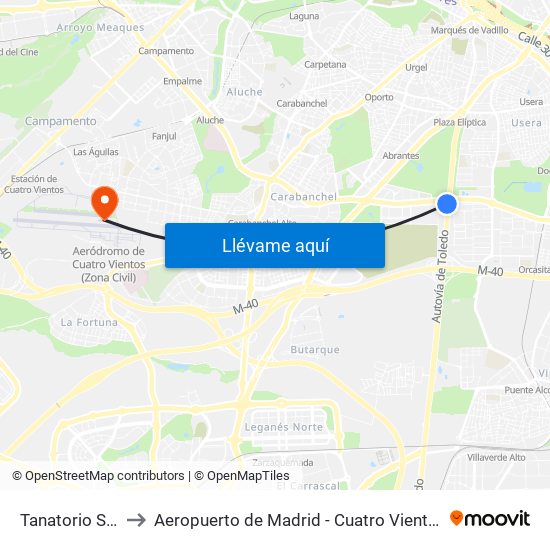 Tanatorio Sur to Aeropuerto de Madrid - Cuatro Vientos map