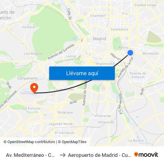 Av. Mediterráneo - Conde Casal to Aeropuerto de Madrid - Cuatro Vientos map