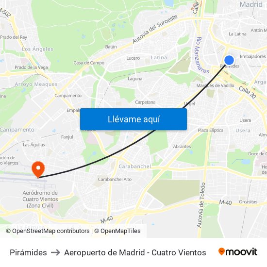 Pirámides to Aeropuerto de Madrid - Cuatro Vientos map