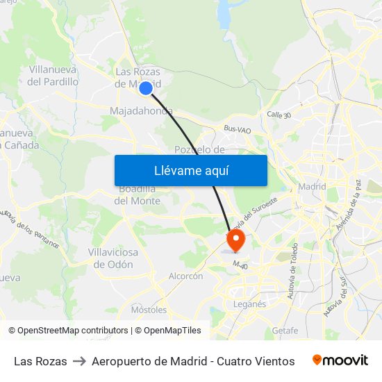 Las Rozas to Aeropuerto de Madrid - Cuatro Vientos map