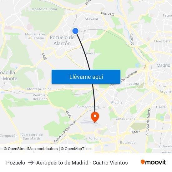 Pozuelo to Aeropuerto de Madrid - Cuatro Vientos map