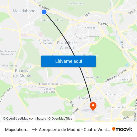 Majadahonda to Aeropuerto de Madrid - Cuatro Vientos map