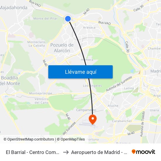 El Barrial - Centro Comercial Pozuelo to Aeropuerto de Madrid - Cuatro Vientos map