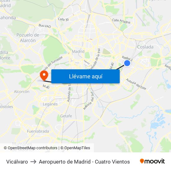 Vicálvaro to Aeropuerto de Madrid - Cuatro Vientos map