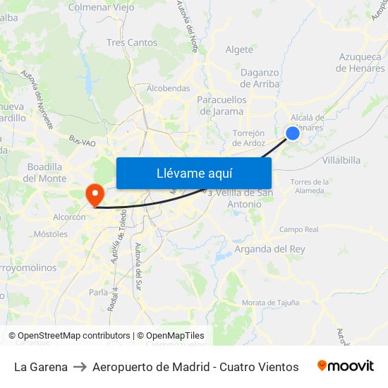 La Garena to Aeropuerto de Madrid - Cuatro Vientos map