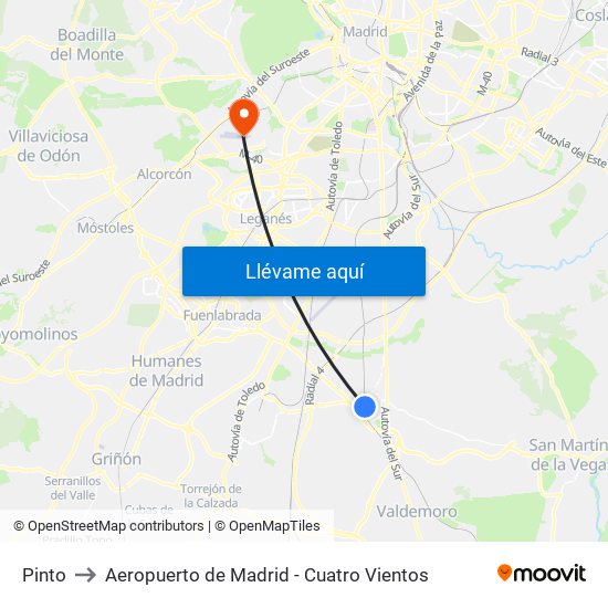 Pinto to Aeropuerto de Madrid - Cuatro Vientos map