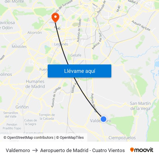 Valdemoro to Aeropuerto de Madrid - Cuatro Vientos map