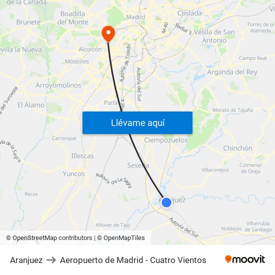 Aranjuez to Aeropuerto de Madrid - Cuatro Vientos map