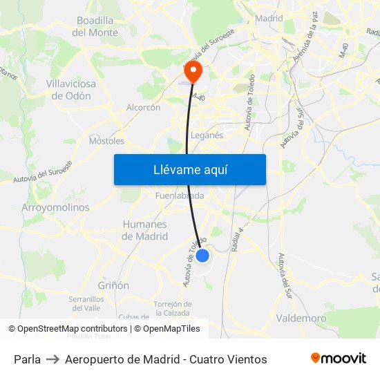 Parla to Aeropuerto de Madrid - Cuatro Vientos map