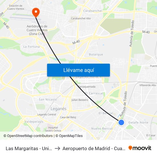 Las Margaritas - Universidad to Aeropuerto de Madrid - Cuatro Vientos map