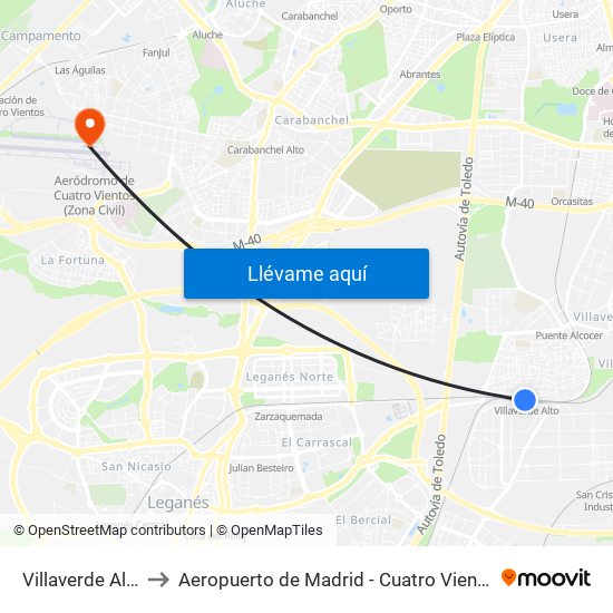 Villaverde Alto to Aeropuerto de Madrid - Cuatro Vientos map