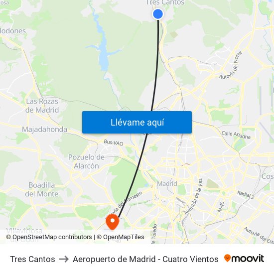 Tres Cantos to Aeropuerto de Madrid - Cuatro Vientos map