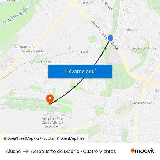 Aluche to Aeropuerto de Madrid - Cuatro Vientos map