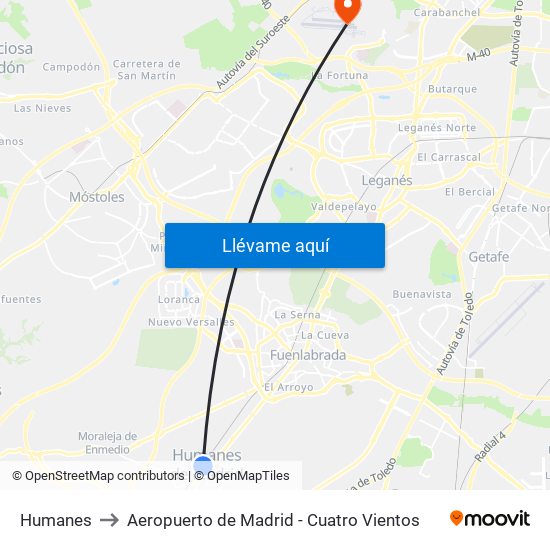 Humanes to Aeropuerto de Madrid - Cuatro Vientos map