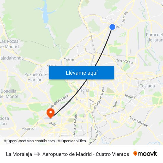 La Moraleja to Aeropuerto de Madrid - Cuatro Vientos map