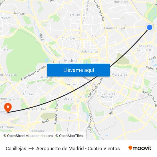 Canillejas to Aeropuerto de Madrid - Cuatro Vientos map