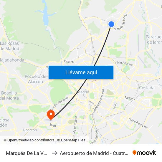 Marqués De La Valdavia to Aeropuerto de Madrid - Cuatro Vientos map