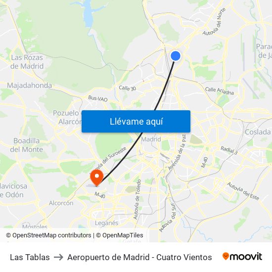 Las Tablas to Aeropuerto de Madrid - Cuatro Vientos map