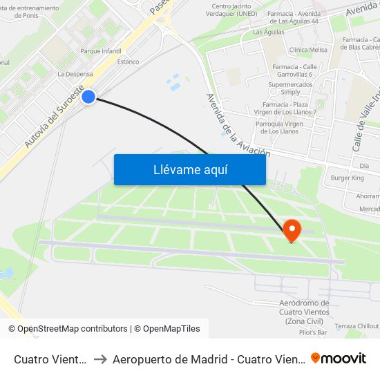 Cuatro Vientos to Aeropuerto de Madrid - Cuatro Vientos map