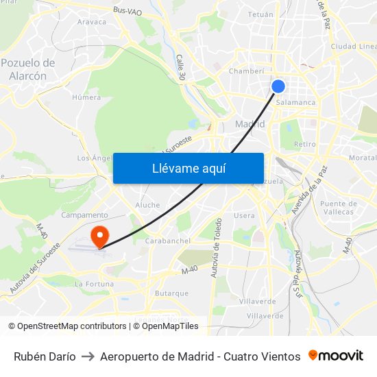 Rubén Darío to Aeropuerto de Madrid - Cuatro Vientos map