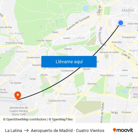 La Latina to Aeropuerto de Madrid - Cuatro Vientos map