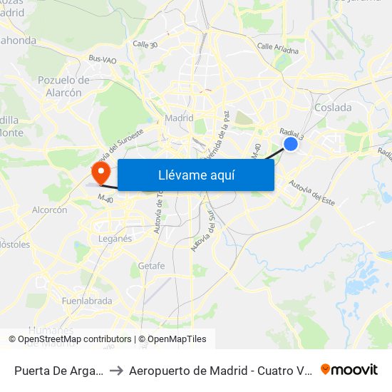 Puerta De Arganda to Aeropuerto de Madrid - Cuatro Vientos map