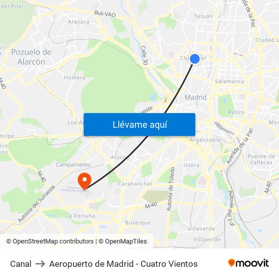 Canal to Aeropuerto de Madrid - Cuatro Vientos map