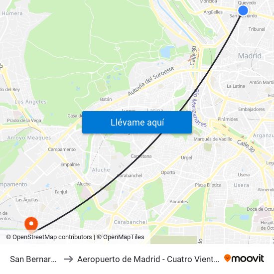 San Bernardo to Aeropuerto de Madrid - Cuatro Vientos map
